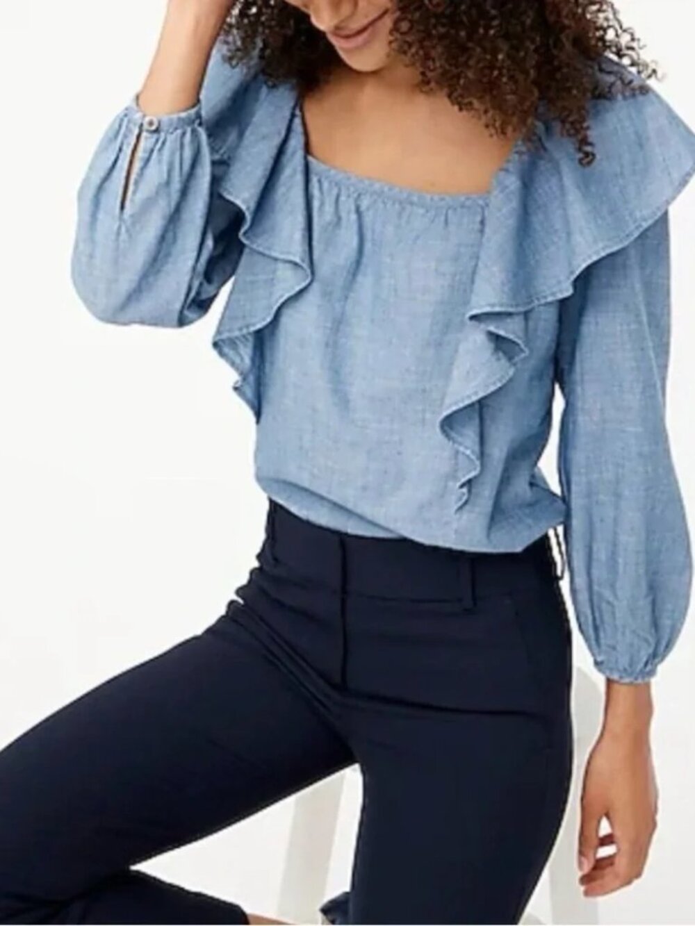 J CREW Chambray Ruffle Detail Square Neck Top Size‎ XS